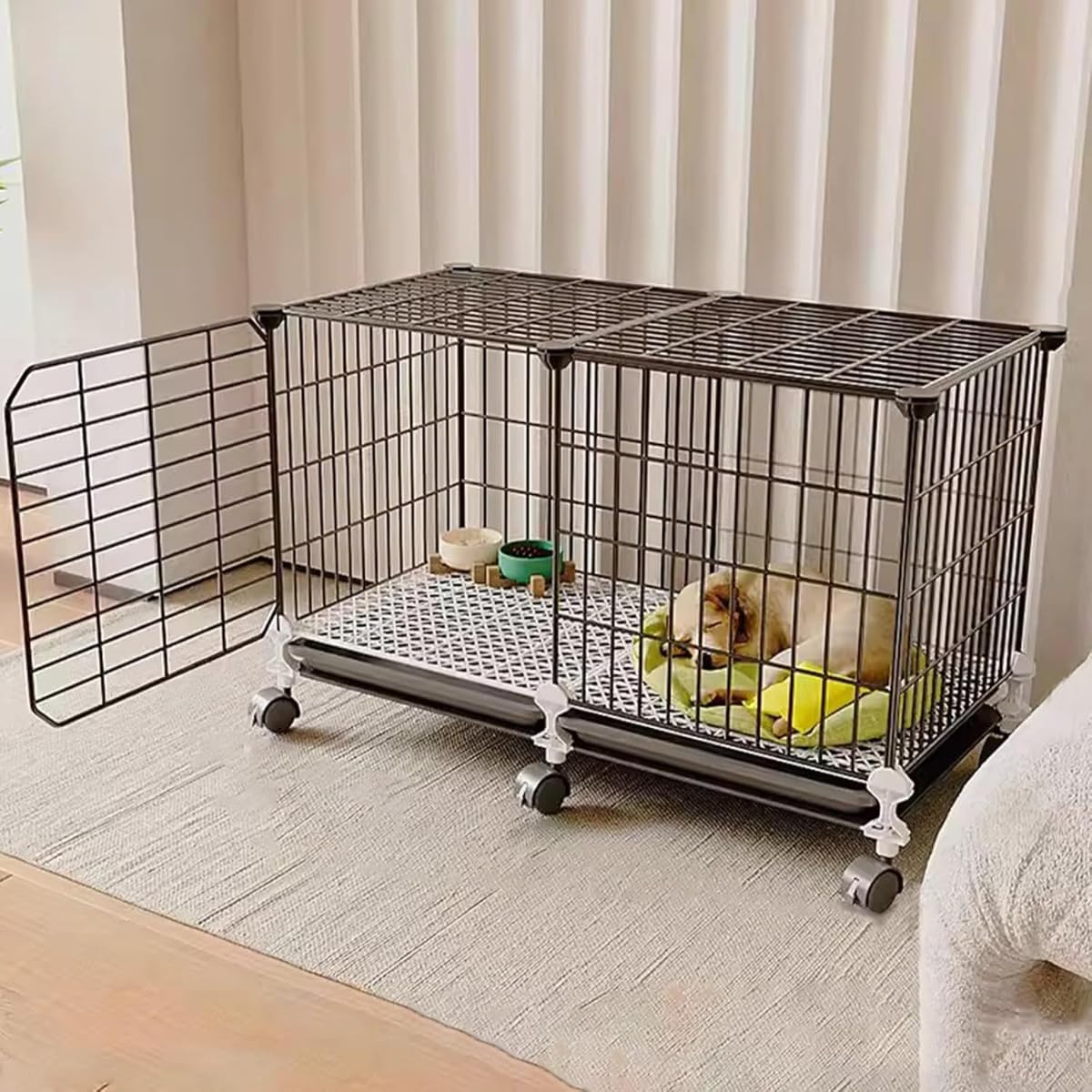 ペット ケージ 犬 猫用 室内 小型犬 中型犬 子猫 サークル トイレ一体型 車輪 フットパッド付き 多用途 使いやすい(73*37*47)｜ゆめのマルシェ企画