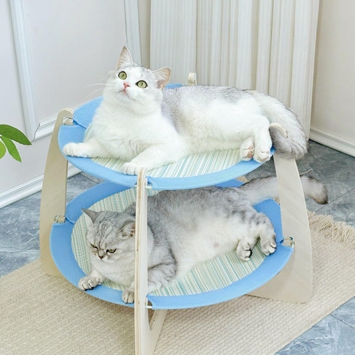 猫用ベッド 丸型 2 段 木製 冷感素材 ひんやり リバーシブル 爪とぎ はめ込み式 組立簡単 湿気対策 通気 多用途 夏用 オールシーズン 多頭飼い 日常使用｜ゆめのマルシェ企画