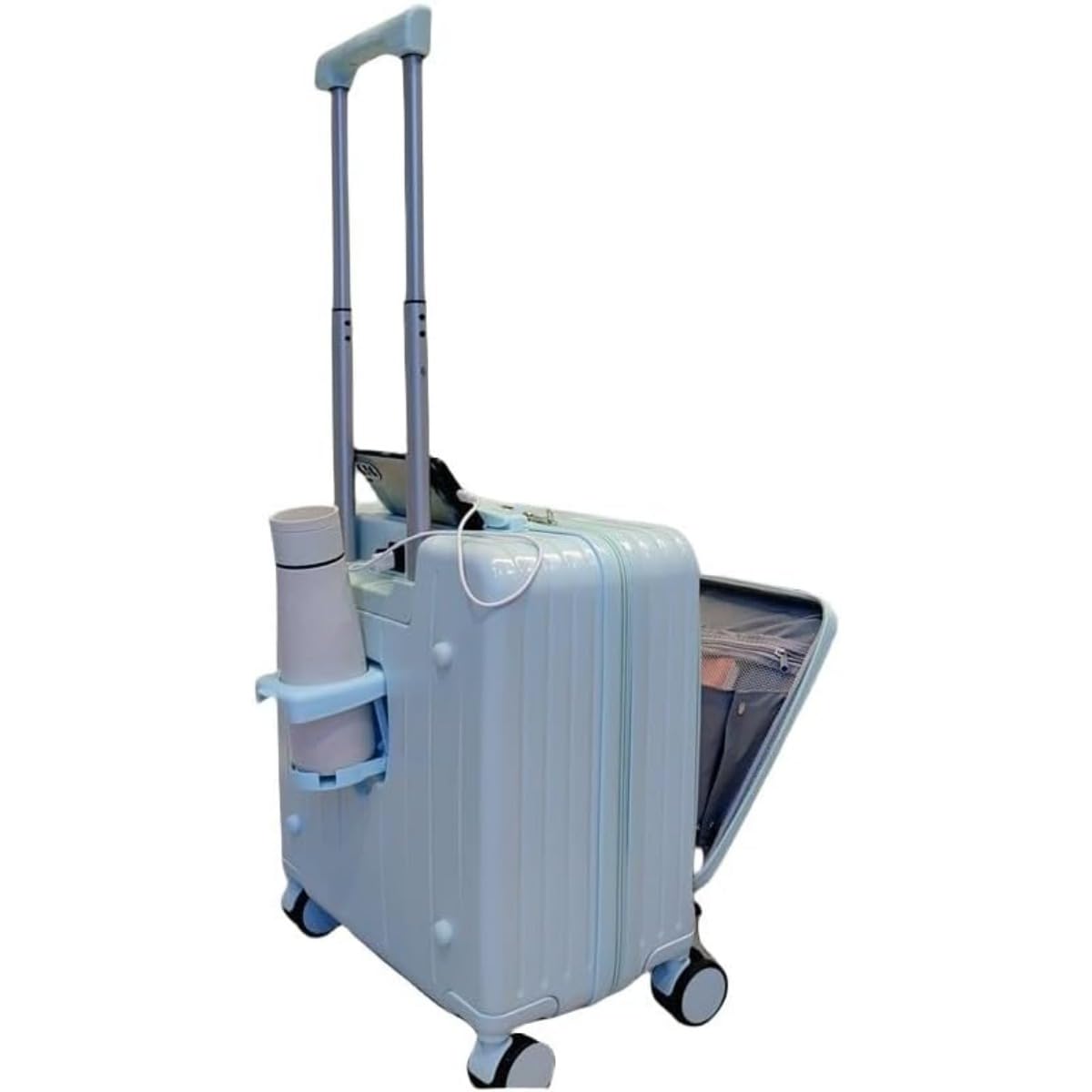 [] キャリーケース フロントオープン 機内持ち込み ポート付き カップホルダー 小型 キッズ 学生 短期旅行 出張 (ブルー)｜ゆめのマルシェ企画