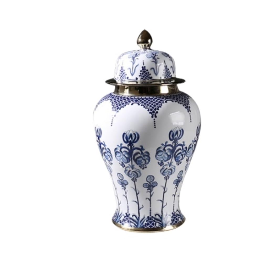 磁器ジンジャー 装飾手作りゴールドトリム青と白の磁器フクシアの花ジンジャージャー蓋付き装飾セラミック 中国セラミックストレージ(,24.5*45)｜ゆめのマルシェ企画