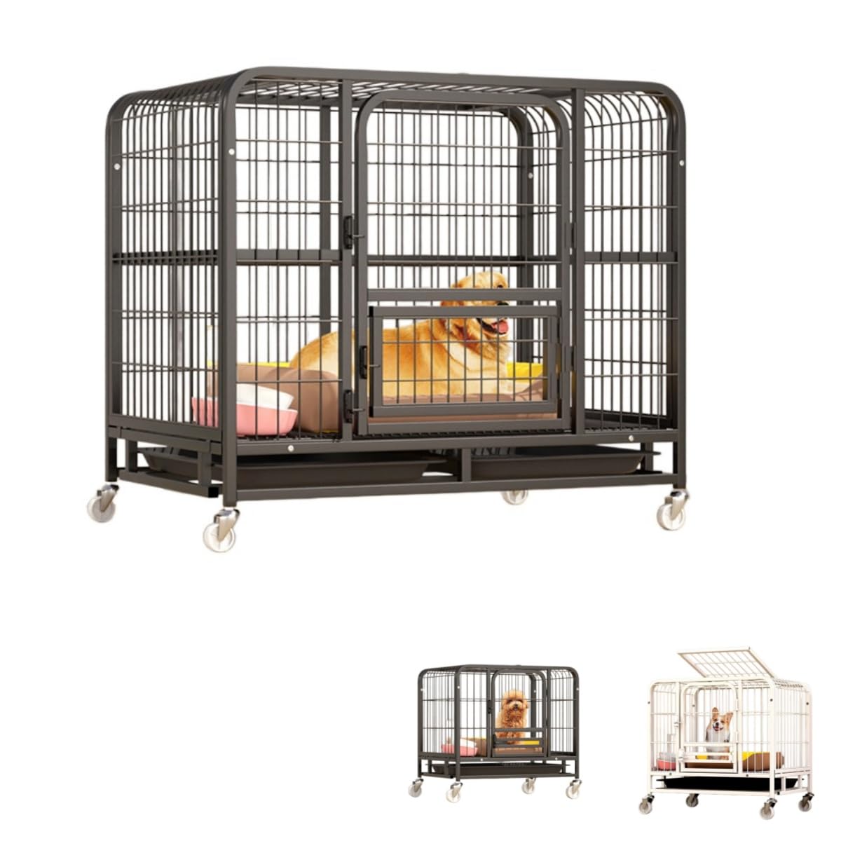 犬ケージ ペットサークル 猫 犬小屋 キャスター付き 小型犬用 室内/屋外 おしゃれ トレー/屋根付き スチール製 頑丈 脱走防止 小型犬/中型犬 (ブラック,-シングルビーム110&times;72&times;95角パイプケージ)｜ゆめのマルシェ企画