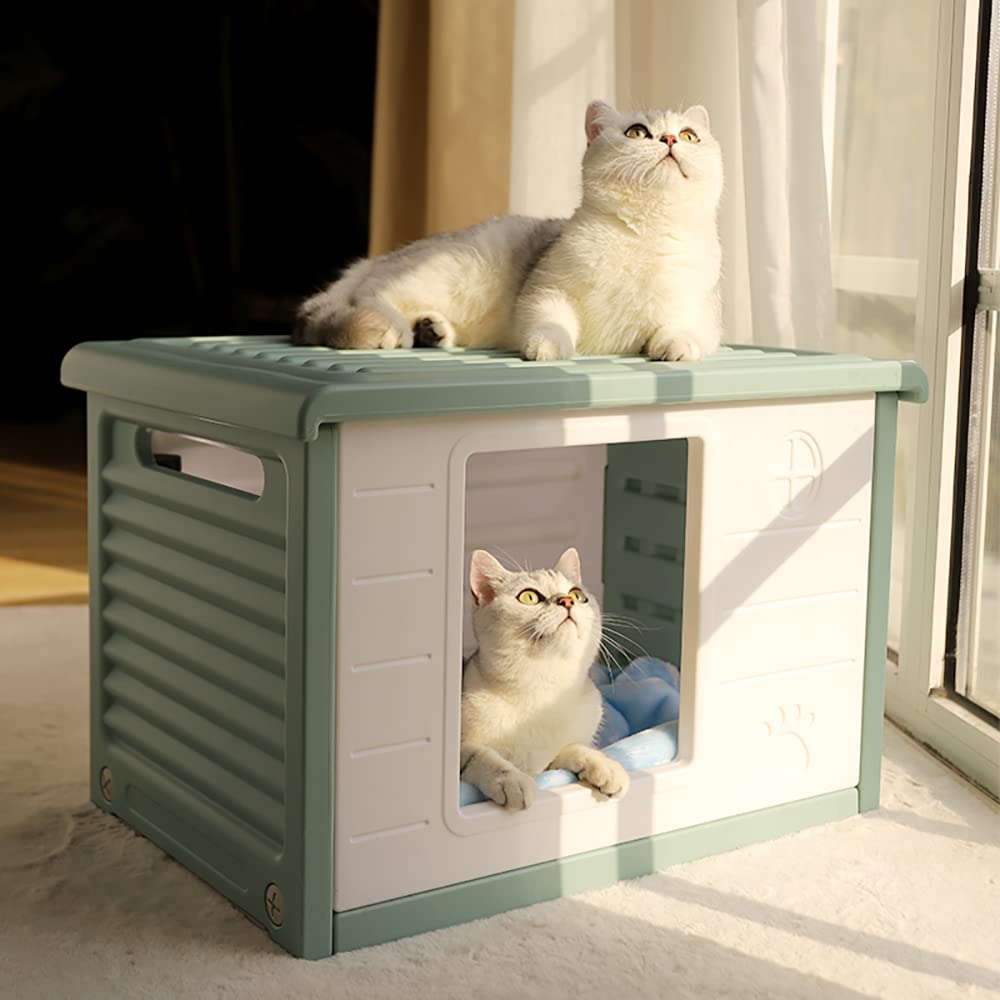 猫ハウス 屋外 犬小屋 防水 ペット部屋 通気性 分娩室 猫巣 組み立て式 防風 犬舎 防寒 洗える プラスチック 室内用ゲージ 収納便利 四季通用 裏庭 テラス ドッグハウス 猫 うさぎ ペット用品 61*42*41 (青)|ゆめのマルシェ企画