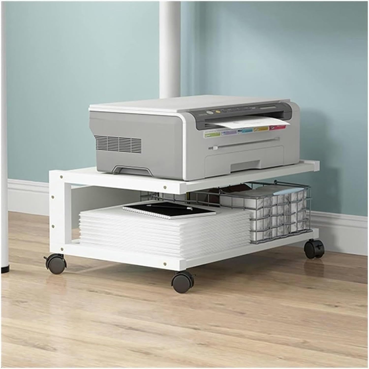 キャスター付きプリンターラック台 モバイルコピー機スタンド ホームオフィス用収納ラック (50*40*25,ホワイト)|ゆめのマルシェ企画