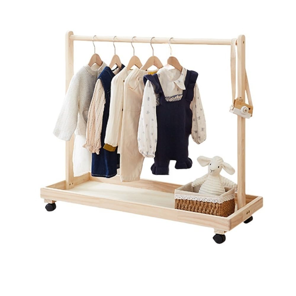 子供部屋用木製洋服ラック 小さなベビー収納ラック 安全な無垢材 キャスター付き移動可能 下棚付き 床置き式子供服収納 寝室 保育園に最適 ペット服も掛けられます (中くらい+車輪)｜ゆめのマルシェ企画