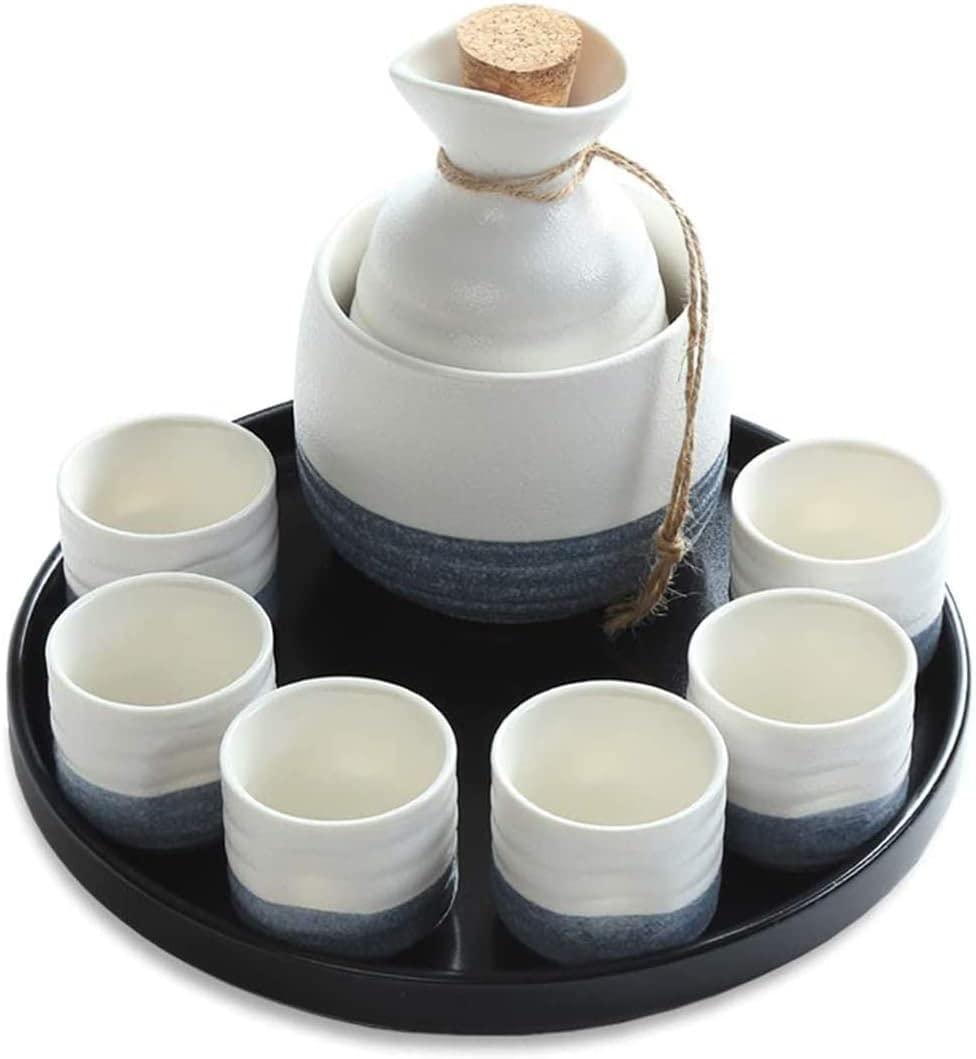 日本酒 9 点セット 日本酒 ぐい呑みセット ウォーマー陶器とトレイ付き 家庭用 ブルー (青)|ゆめのマルシェ企画