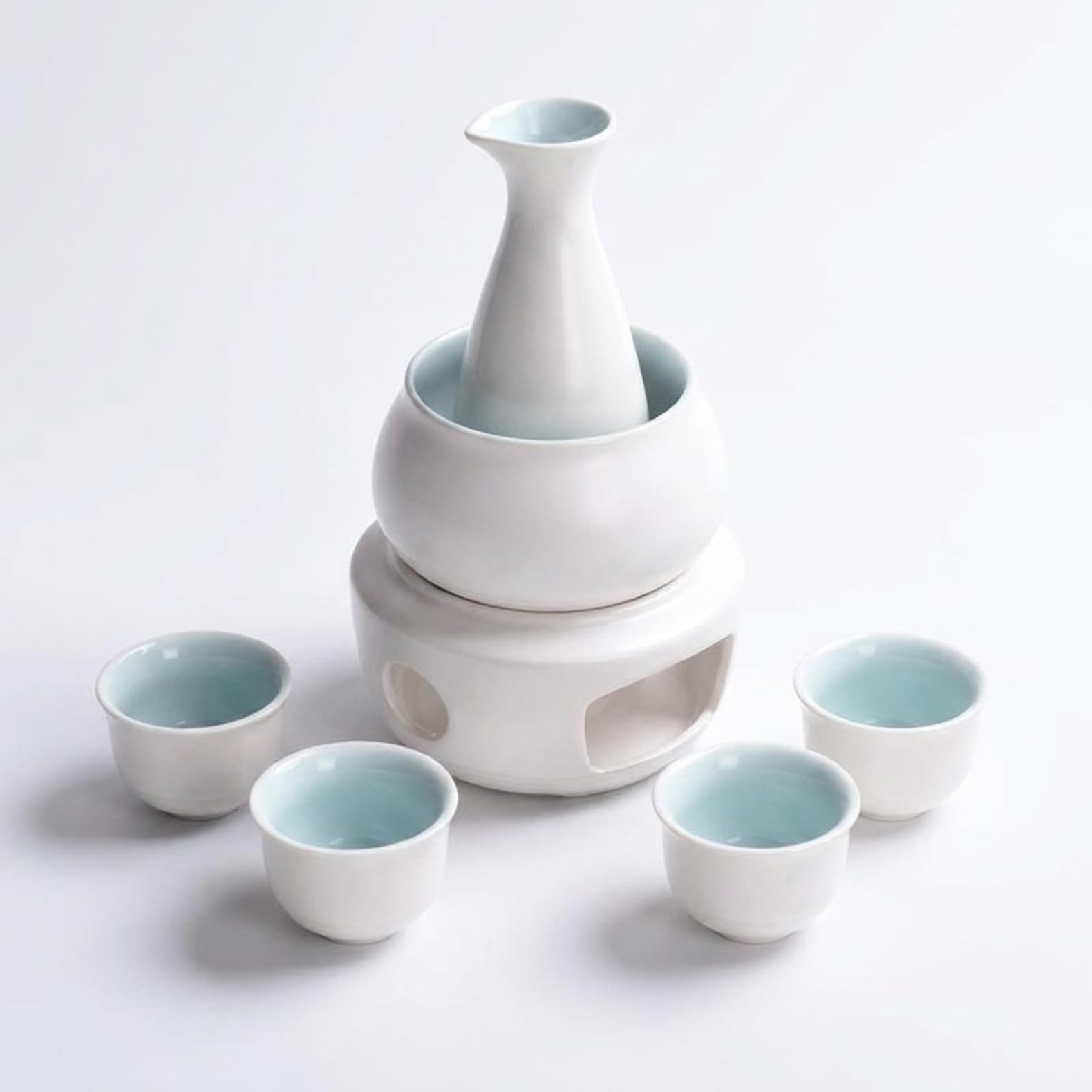熱燗器 酒器セット 美濃焼 磁器製 冷酒・温酒・熱燗対応 燗瓶+お猪口4個+温め台付き 焼酎・酒に適した伝統工芸スタイル 居酒屋・自宅宅飲み用 お酒セット 晩酌 (,ホワイト-2)｜ゆめのマルシェ企画