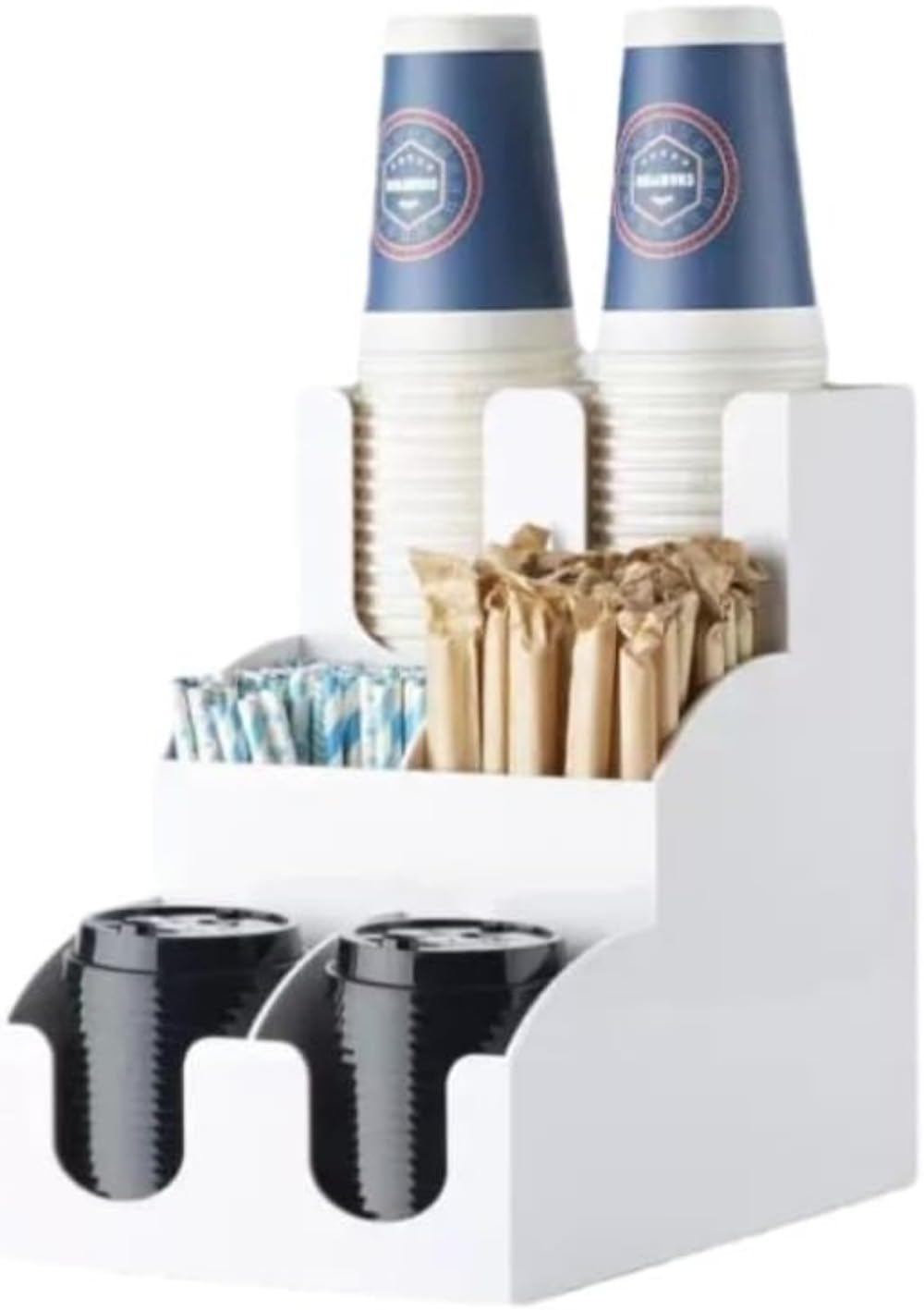 木製カップディスペンサー 紙カップ蓋収納 シュガーストローホルダー 多用途 オフィス家庭兼用 バーカウンター収納ラック 整理整頓 組み立て不要 (白い3層6グリッド)｜ゆめのマルシェ企画
