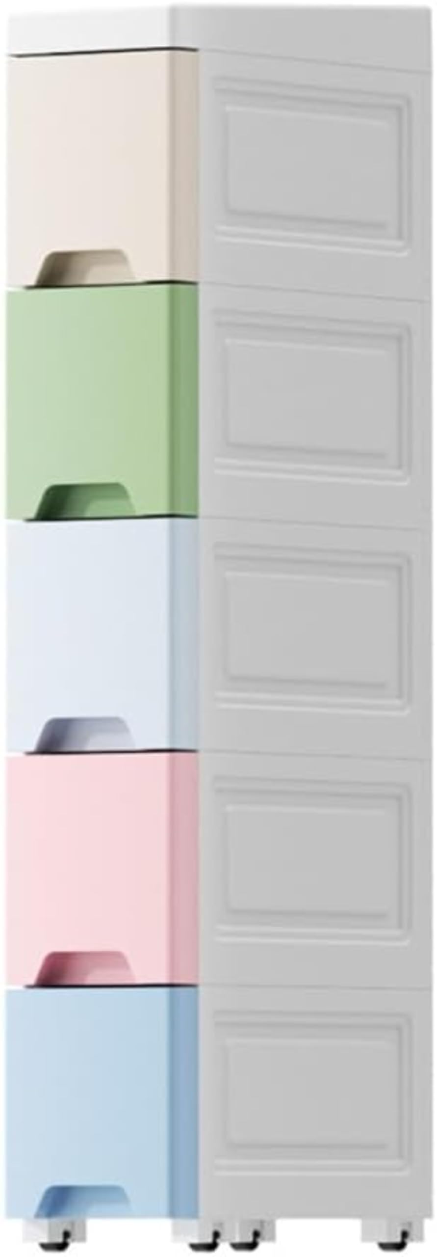 キッチン隙間収納キャビネット 超狭厚型 プラスチック引き出し 5段 キャスター付き 14/18/25 防塵 (幅25 ミックスカラー)|ゆめのマルシェ企画