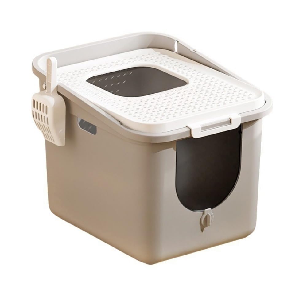 オールインワン猫用トイレボックス、大型猫用トイレ、蓋付き、特大スペース、掃除が簡単な跳ね上げ式蓋、砂飛び散り防止設計、完全に密閉された蓋付き猫用トイレボックス、無料の猫用トイレスコップ付き (グレー+猫砂スコップ)｜ゆめのマルシェ企画