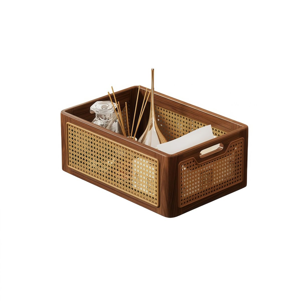 木目調藤編み収納ボックス 天然素材 持ち手付き デスクトップ収納 化粧品/雑貨/キッチン小物整理かご おしゃれな家庭用収納カゴ (クルミ色のトランペット)｜ゆめのマルシェ企画