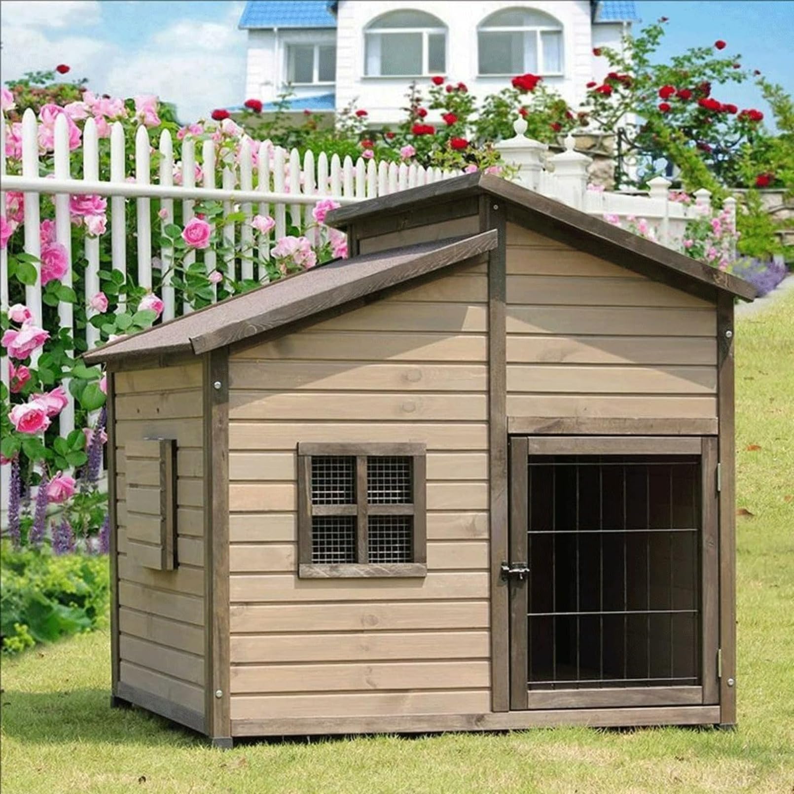 無垢材 大型犬用屋外ペットハウス|防水・全天候型 通気性天窓付き|組み立て不要ですぐ使用可能|屋内屋外兼用 高耐久デザイン ()|ゆめのマルシェ企画