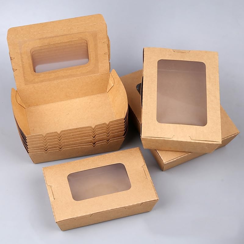使い捨てエコ弁当箱 使い捨てエコトレイ エコ弁当箱 クラフト紙箱 使い捨てランチボックス コンポスト化可能な生分解性で環境にやさしい食品容器 調理済み食品用の窓付き防油テイクアウトサラダボックス テイ|ゆめのマルシェ企画