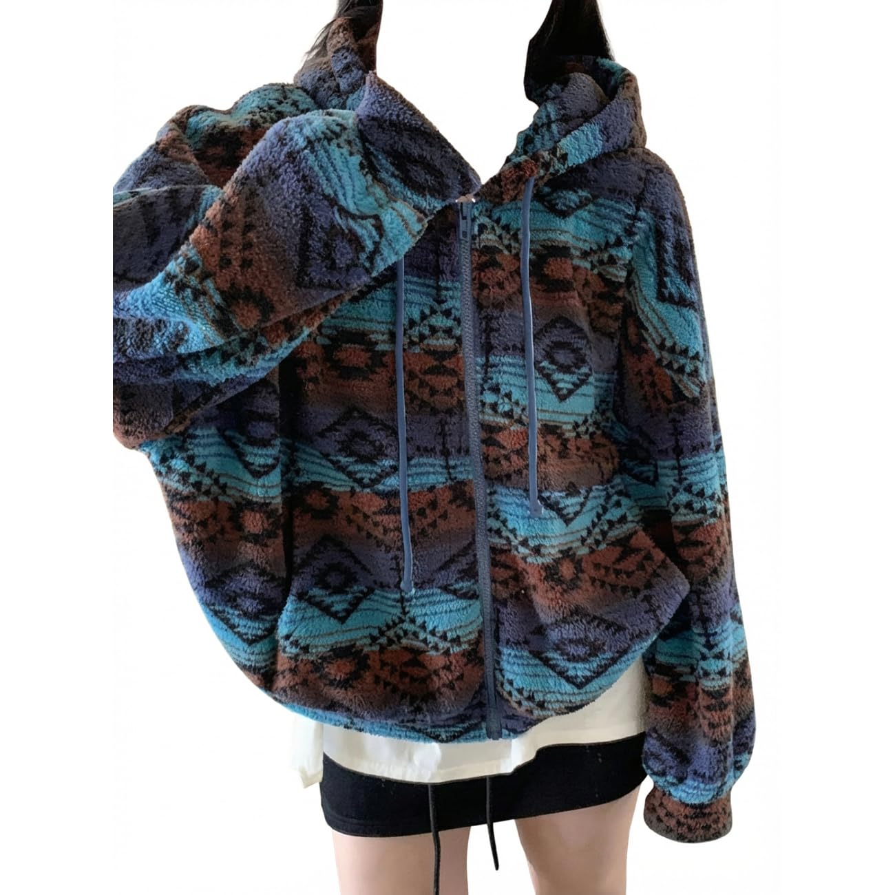 [] パーカー レディース ボア ジップアップパーカー ネイティブ柄 もこもこ 暖かい フリース オーバーサイズ 厚手 ゆったり フード付き オルテガ柄 カジュアル ストリート｜ゆめのマルシェ企画
