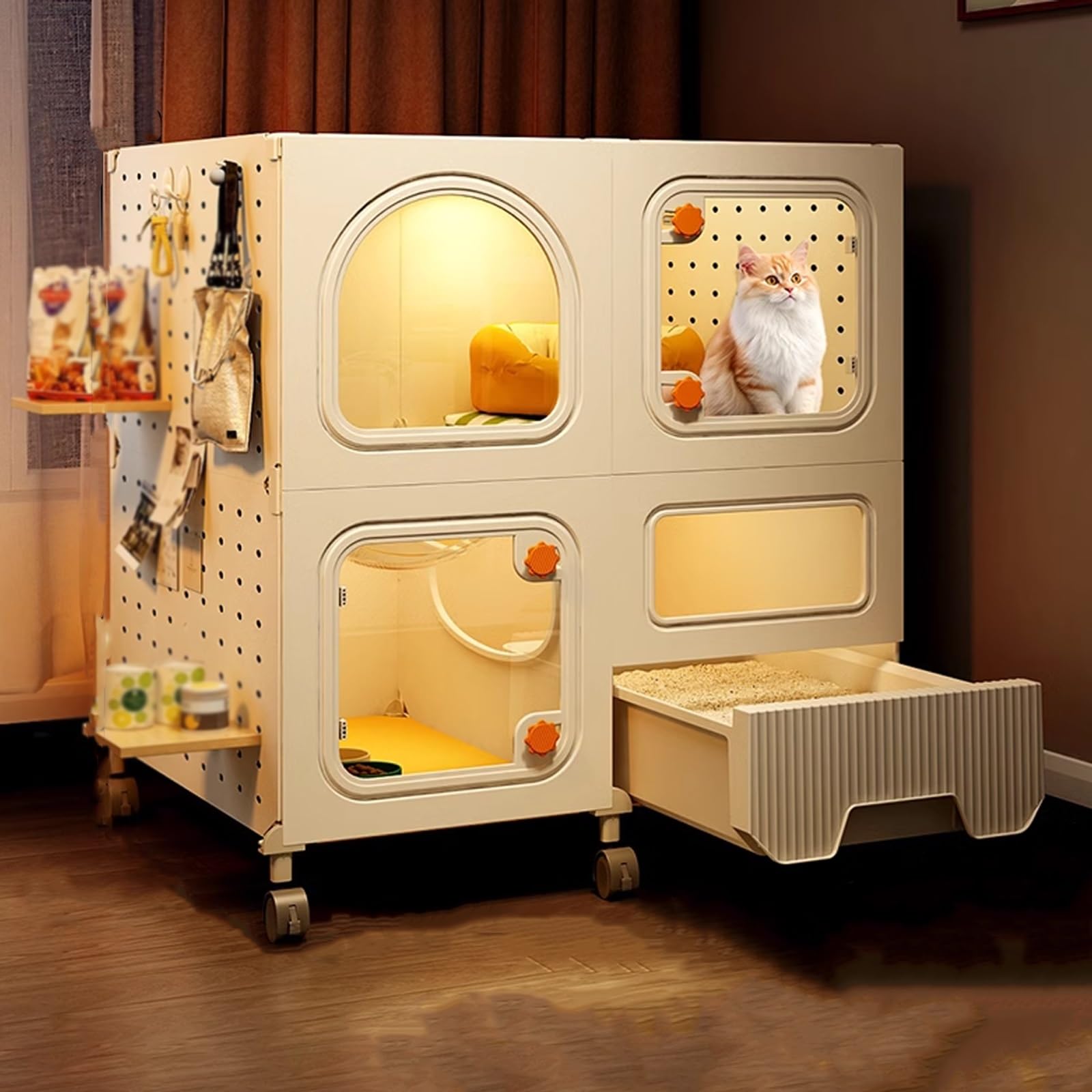 猫 ケージ 大型 トイレ付き 猫ケージ3段 キャスター付き 屋内用猫ケージ トイレ付き キーバッグを吊るすためのペグボードで囲まれた屋内用猫ハウス(71*36*75)|ゆめのマルシェ企画