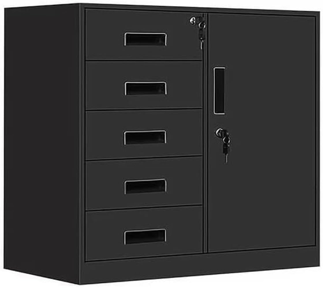 キャビネット オフィスキャビネット 組立て不要 スチール製 書庫 ロッカー 鍵付き 袖机 机下収納 オフィス家具 事務所 更衣室 学校 業務用 (ブラック, 5段)｜ゆめのマルシェ企画