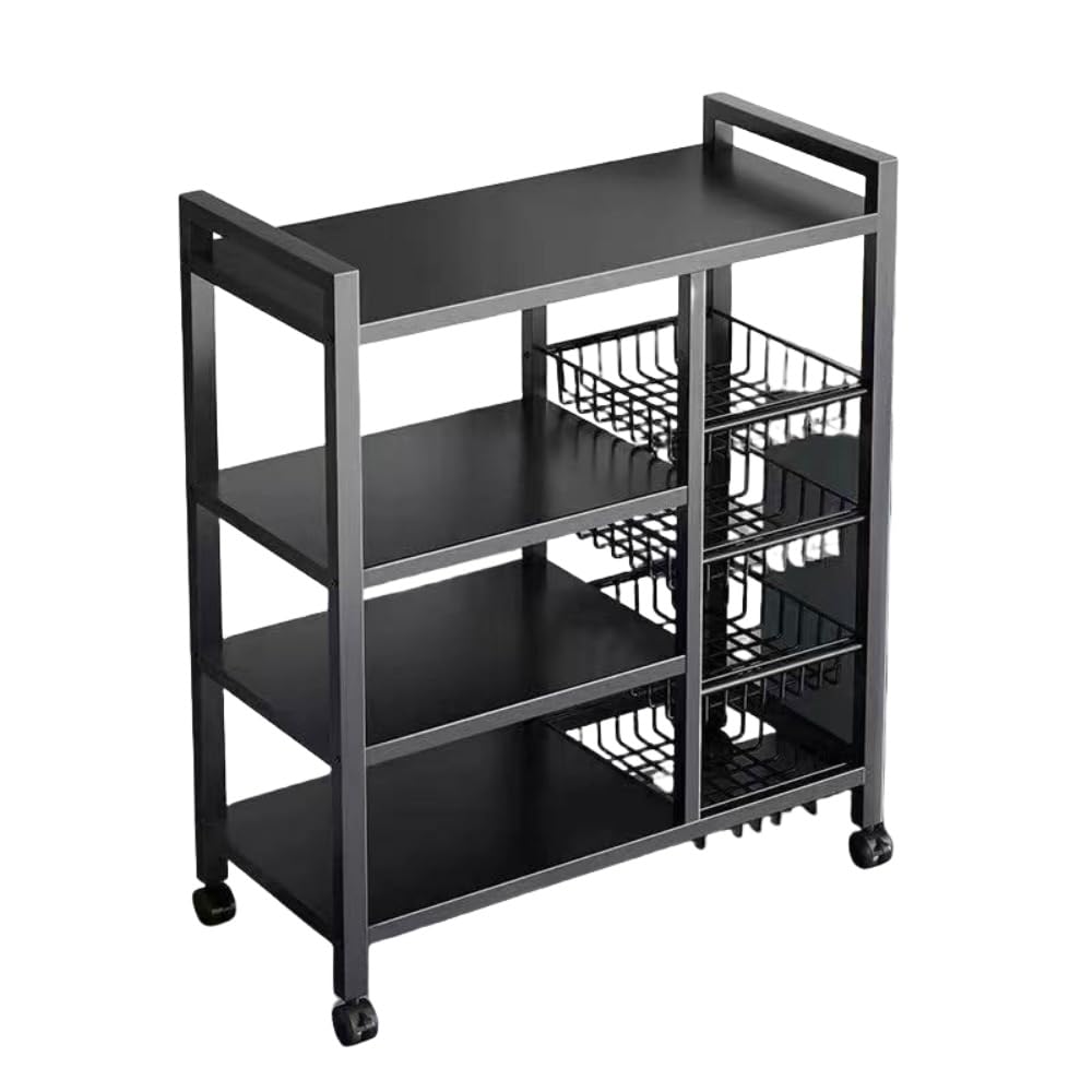 床置き多層収納ラック/雑貨収納ラック/キッチン収納ラック/金属製家庭用収納ラック/電子レンジ収納ラック/高耐荷重/キッチン収納/キャスター付き/家電収納/大容量/組み立て簡単/防水/防汚/取り外し可能 (ブラック,3ネットバスケット)｜ゆめのマルシェ企画