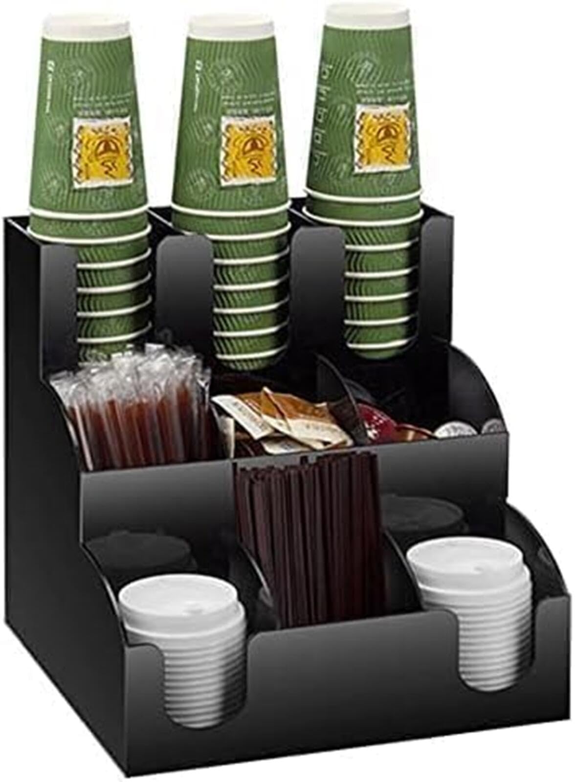紙コップホルダー コップスタンド コーヒーカップ カップディスペンサー 紙コップ蓋スリーブホルダー バーカウンター 紙カップと蓋収納 砂糖 業務用 適用コンビニ ビュッフェ コーヒーショップオフィスななど営業所に使用 (ブラック)|ゆめのマルシェ企画