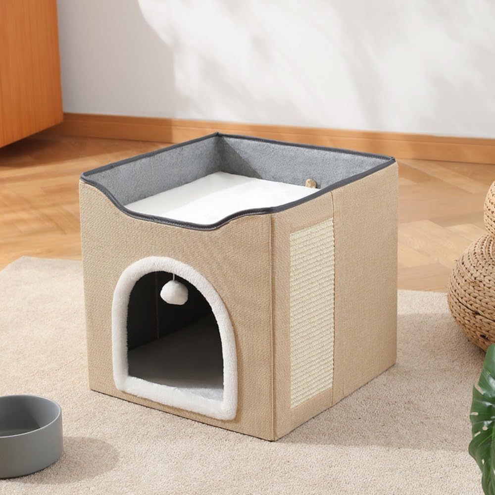 半密閉型サイザル麻折りたたみ式両開き3層猫ハウス、多機能二層猫爪とぎポスト、猫の爪研ぎハウス、キャットハウス 猫ハウス 猫の遊び場 キャットハウス 猫用 キャットタワー 折り畳み 省スペース ペット用｜ゆめのマルシェ企画