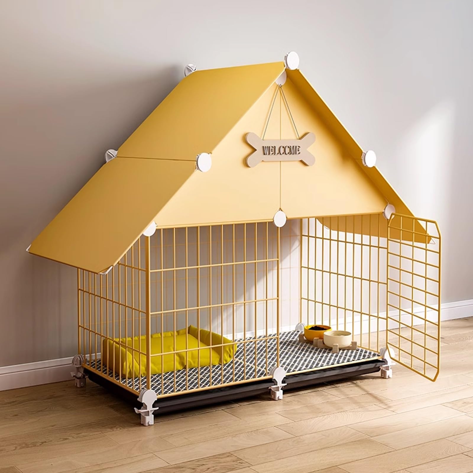 ペットケージ 犬ユニバーサルドッグハウス 小型犬用 中型犬用 ドッグクレート トレイディバイダー&足付き イエロー(75*39*79)|ゆめのマルシェ企画
