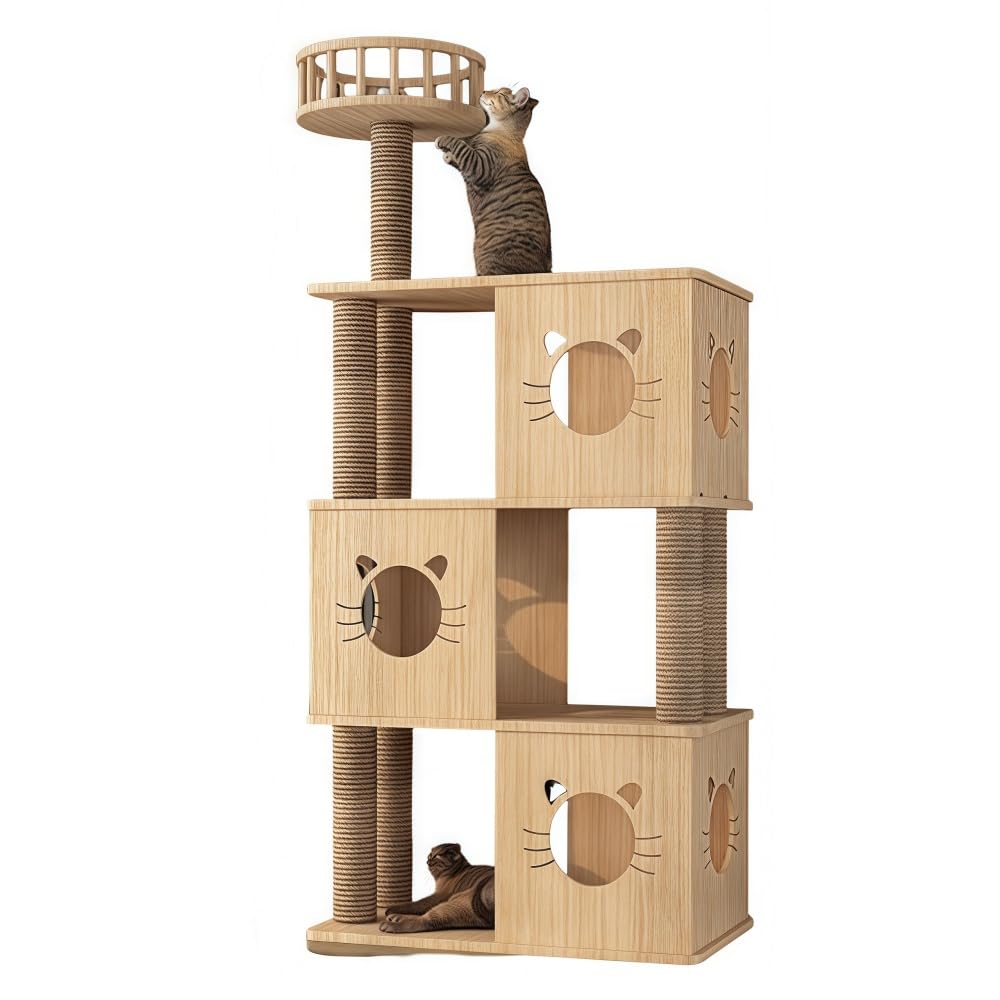 キャットタワー、猫クライミングフレーム、猫スクラッチボード、猫ベッド、猫の巣、猫の木、展望台、猫の家、木製、サポート、天然サイザルロープ、お手入れ簡単、メンテナンス簡単、高い安定性、大型猫、複数の猫に適しており、春、夏、秋、冬に使用できます。 ()|ゆめのマルシェ企画