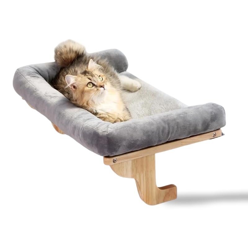 猫用窓枠パーチ整形外科医推奨 大型猫/子猫対応 ナチュラル木製フレーム &; グレーベッド (猫用窓枠パー)｜ゆめのマルシェ企画