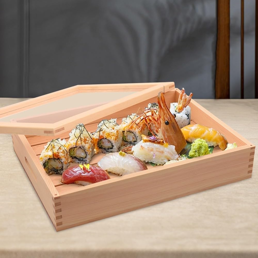 木製寿司箱 ネタ箱 目皿 アクリル製 刺身箱 フタ付飲食店 寿司プレート 蓋箱 盛台 和風 盛器 盛付皿 盛台 和食器 盛り付け台 おお お肉 焼肉 飲食店 屋 キッチン ホテル レストラン 家庭用 業務用 (43*33*9.5) ｜ゆめのマルシェ企画 18,563円