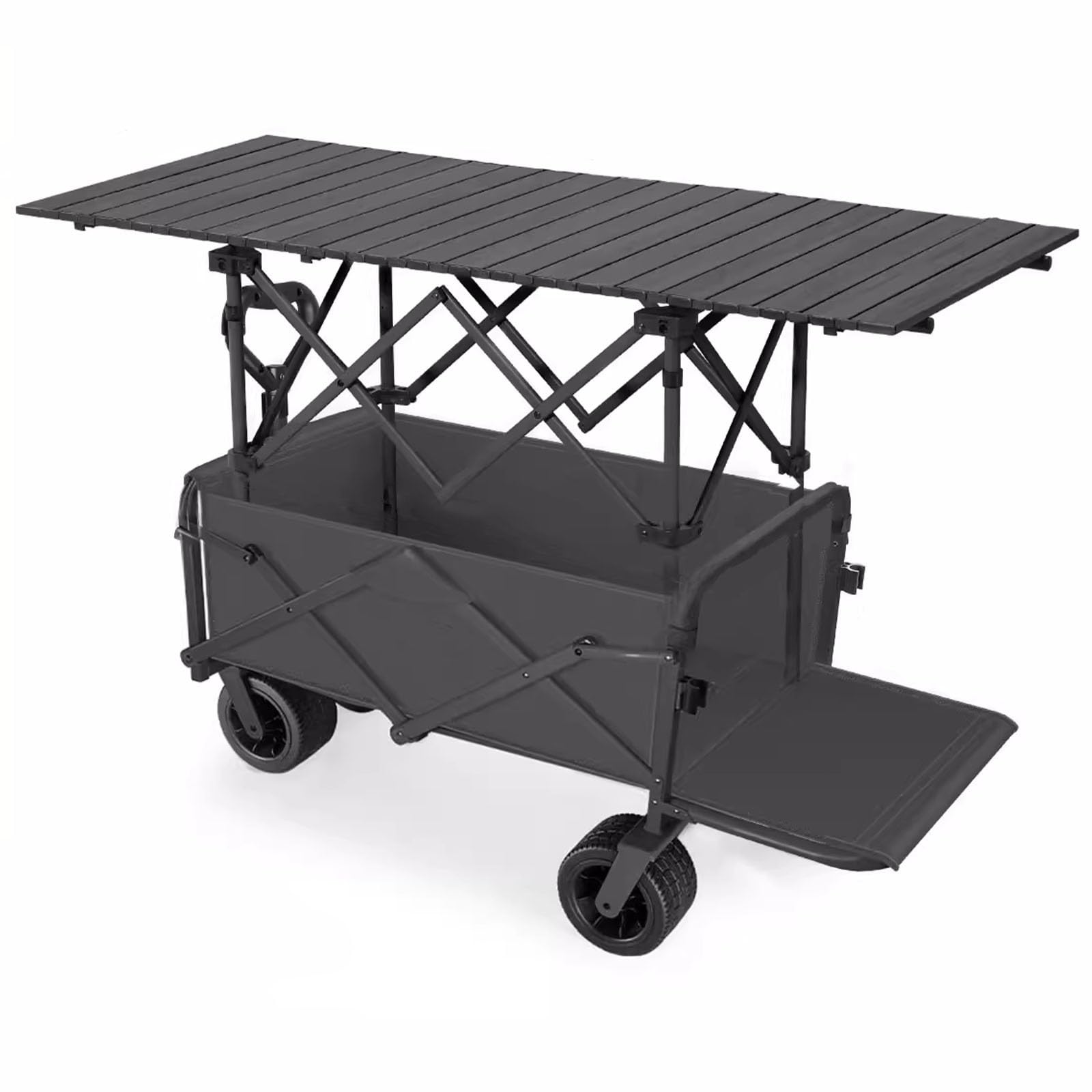 折りたたみ式屋台セット キャリーワゴン 120大型デスクトップ 大容量350耐荷重120g キャリーカート 長物対応 厚手のオックスフォード布製 移動式仮設店舗セット 後部展開可 テーブルボード付き キャンプカート アウトドア 移動販売に最適(ブラック,724726)｜ゆめのマルシェ企画