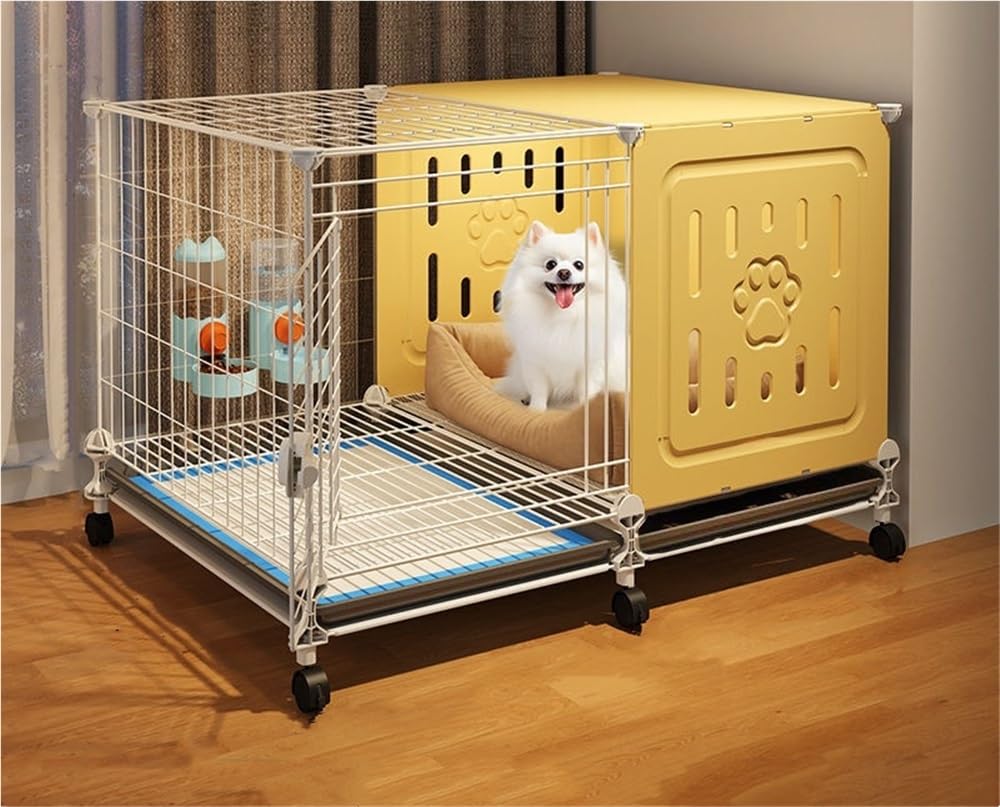 透明犬/猫用ケージ 引き出しトレイ付き プラスチック製子犬クレート犬小屋 キャスター付き テディ、コーギー、ポメラニアン、パグ用の独立したエリア(イエロー、90 45 57)|ゆめのマルシェ企画