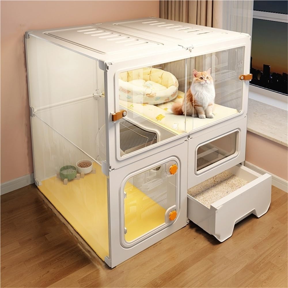 透明ドア付きキャットケージ ダブル猫囲い 猫ハウス トイレ付き 広々とした家用猫ケージ 屋内外用(ホワイト)｜ゆめのマルシェ企画
