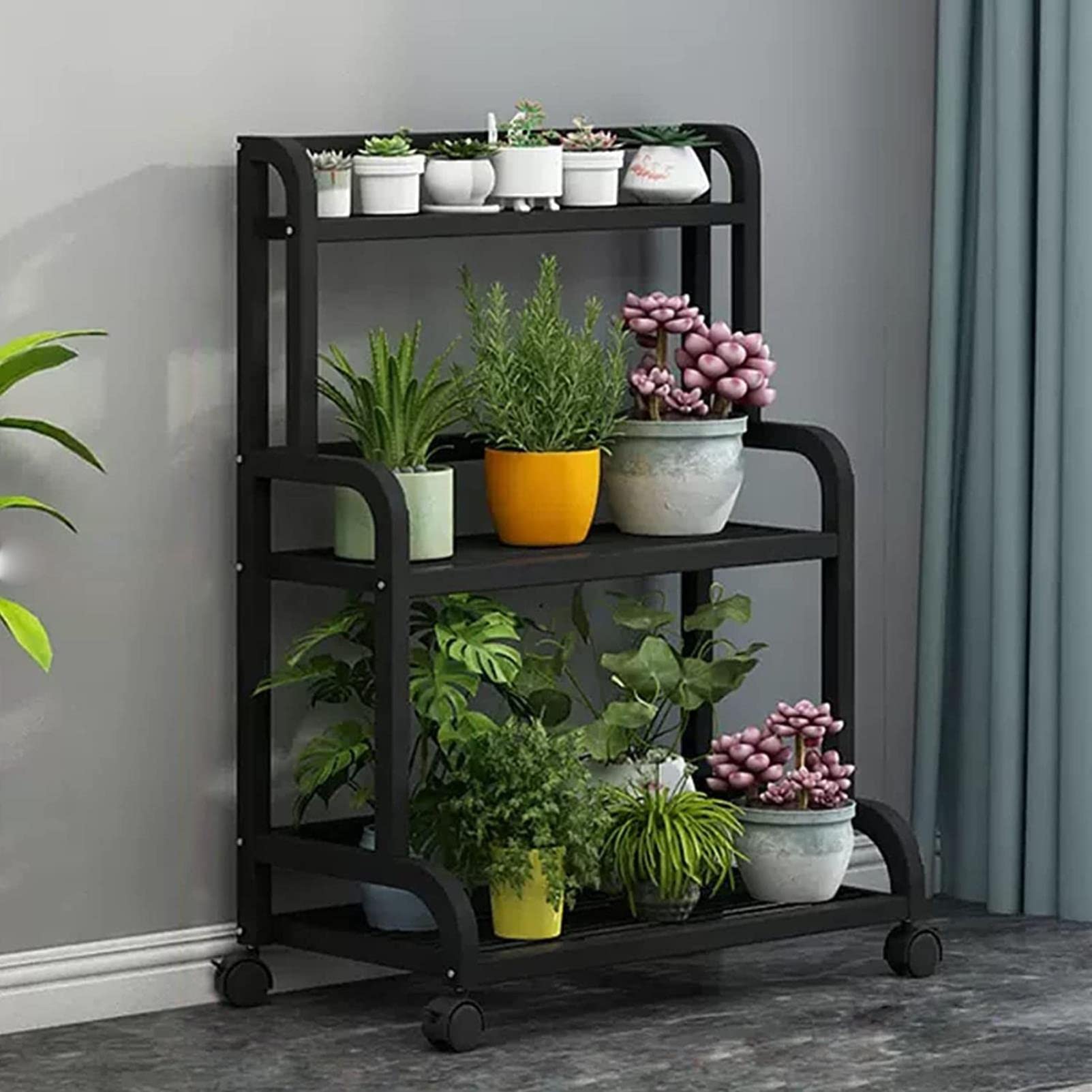 植物スタンド 屋内植物スタンド ローリング3段植物スタンド はしご植物棚 フラワーラック 車輪とブレーキ付き ホームデコレーション 金属製収納ホルダー -8040107用｜ゆめのマルシェ企画