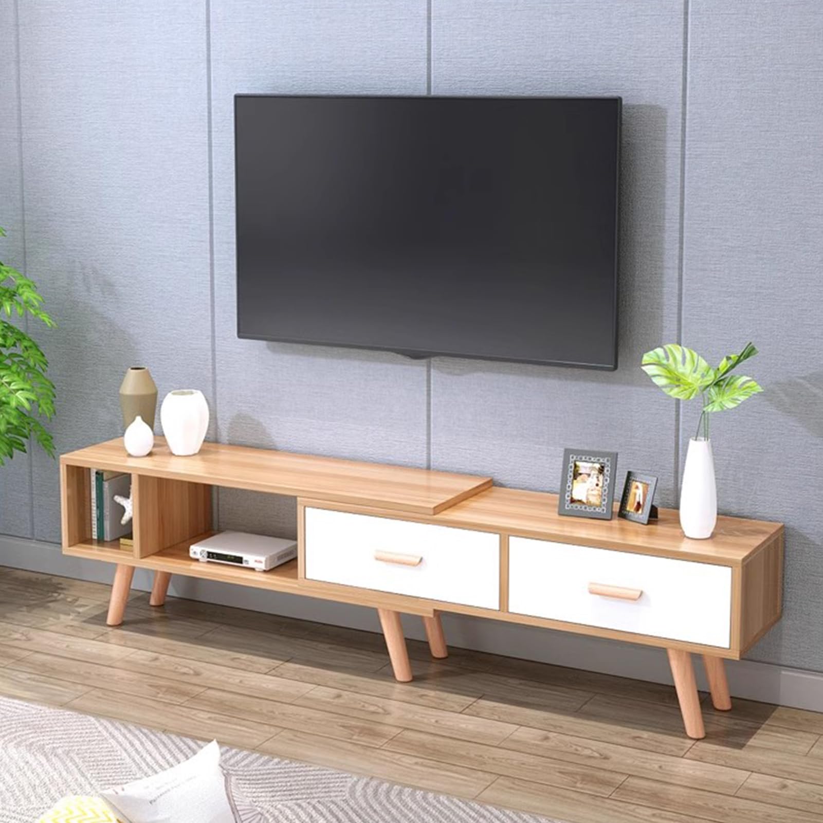 78インチ モダンテレビスタンド 格納式テレビ収納キャビネット エンターテイメントセンター 引き出し2個とオープンシェルフ付き 木製メディアコンソル テレビ家具 リビングルーム オフィス用｜ゆめのマルシェ企画