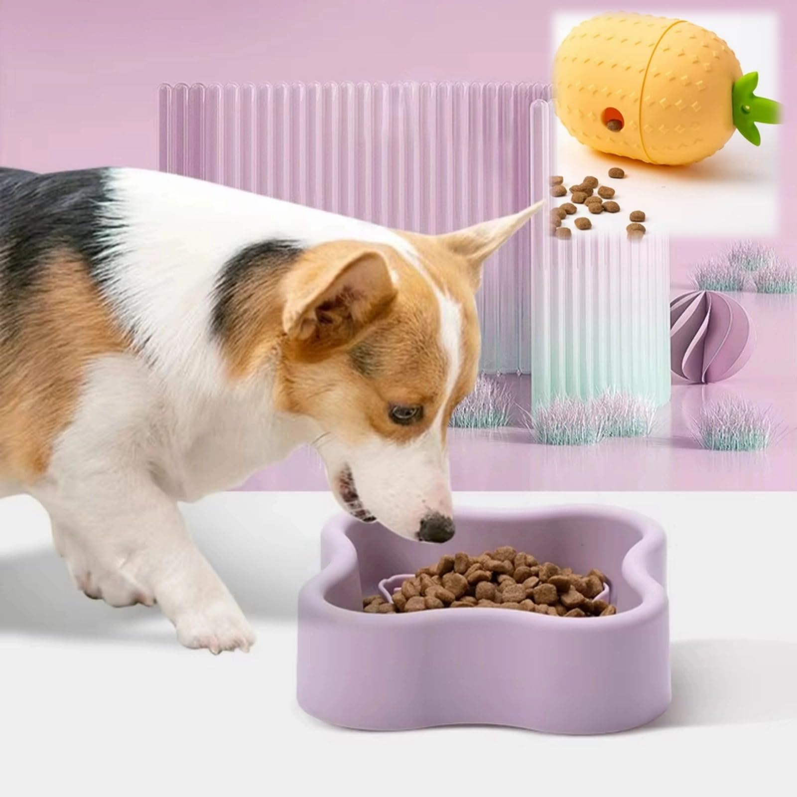 猫 犬 スローフィーダーセット フラワーテクスチャボウル&;パイナップルパズルおもちゃ マカロンカラー 食品グレードシリコン お手入れ簡単 滑り止めベース ペットアクセサリー (ボウル+おもちゃ-2 2個)|ゆめのマルシェ企画