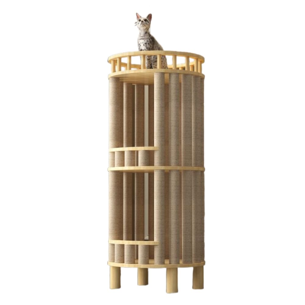 猫タワー木製猫ベッド木目調スタイル省スペースコンパクト猫タワー天然松丈夫で安定した耐荷重麻縄透明宇宙船猫用遊び場休憩爪研ぎ器多機能家具室内装飾猫のおもちゃ簡単な組み立て ()|ゆめのマルシェ企画