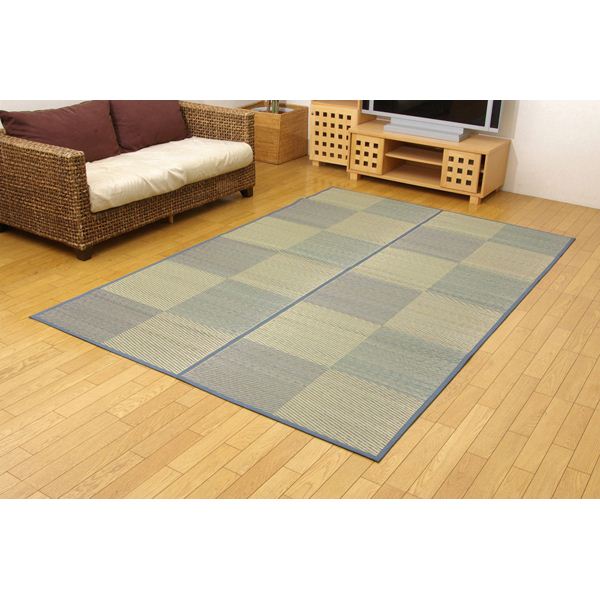 い草 藺草 花ござ/ラグマット じゅうたん カーペット 敷き物 【市松柄 ブルー 江戸間3畳 約174×261cm】 裏:不織布 防傷加工 抗菌 清潔 &防臭効果 裏張CP 〔リビング〕 青 耐久性とクッション性に優れたスタイリッシュなイ草フロアマット 湿度調整や傷・キズ防止、抗菌・|夢の小屋