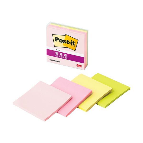 3Mポスト・イット 強粘着ノート マルチカラー4 75×75mm 4色 654SS-MC-41セット（40冊：4冊×10パック） 強力な粘着力を持つ、多彩な色合いの75×75mmサイズのノート4冊セット 40冊のノートが入った便利なパックで、色々な用途に使える