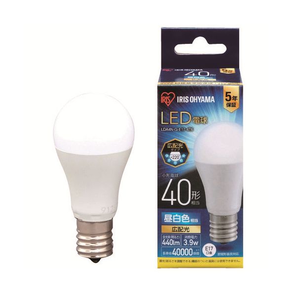 LED電球40W E17 広配光 昼白色 4個 40ワット相当の明るさを持つLED電球4個セット E17口金で取り付け簡単 広い範囲を照らす広配光タイプ 昼白色で明るく快適なライト 照明 を実現 省エネで長寿命、お部屋全体を明るく照らすのに最適