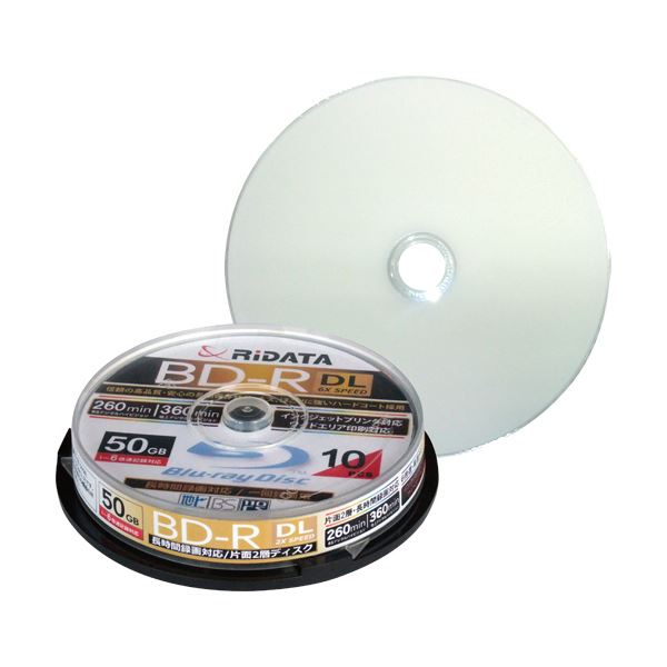 RiDATA録画用BD-R DL 260分 1-6倍速 ホワイトワイドプリンタブル スピンドルケース BD-R260PW 6X.10SP A1パック（10枚） 白 260分録画可能なBD-R DLディスク10枚セット 高速書き込み対応で使いやすい ホワイトワイドプリンタブル仕様でデザインも自由自在 スピンドルケース