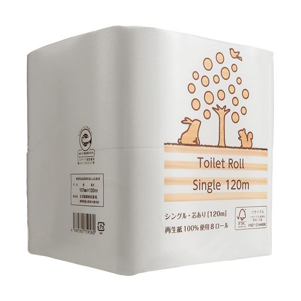 （まとめ） TANOSEEリサイクルトイレットペーパー（2倍巻） シングル 芯あり 120m 1パック（8ロール） 【×10セット】 環境にやさしいリサイクル素材を使用した2倍巻きトイレットペーパー、芯付きで120mの長さ 1パックには8ロール入っており、使いやすさと経済性を兼ね備え