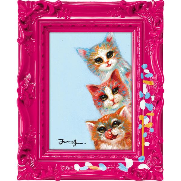 ユーパワー オイルペイントアート ~ペンキデコフレーム~ 「ハピネス スリー キャット」 幸せを運ぶ3匹の猫が描かれた、オイルペイントアートを使ったペンキデコフレーム あなたのお部屋に幸せを運んでくれるアート作品です