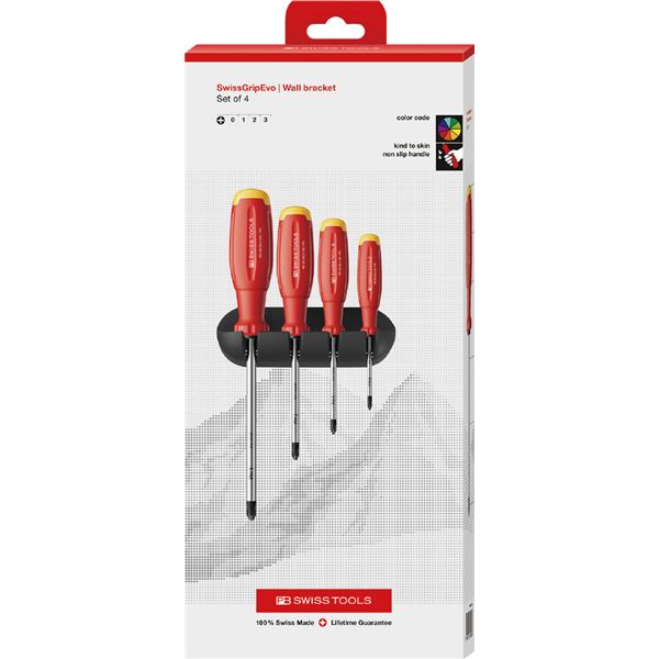 PB SWISS TOOLS ピービースイスツール バーチェア 椅子 カウンターチェア ズ 4本組 スイスグリップEVO プラスドライバーセット（BOX） 38242.HCBB スイス製の進化したグリップを持つ4本のプラスドライバーセットが登場 高品質な工具で作業効率がアップ 使いやすさと耐久性