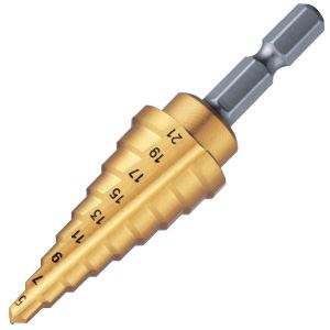 チタンコーティングステップドリル（6角軸シャンクタイプ） マーベル MSB6-21G 穿孔力抜群の革新的ステップドリル チタンコーティングと6角軸であらゆる素材に対応 スピーディかつ正確な作業を実現 プロからDIYまで頼れる相棒 未知の領域への最高選択