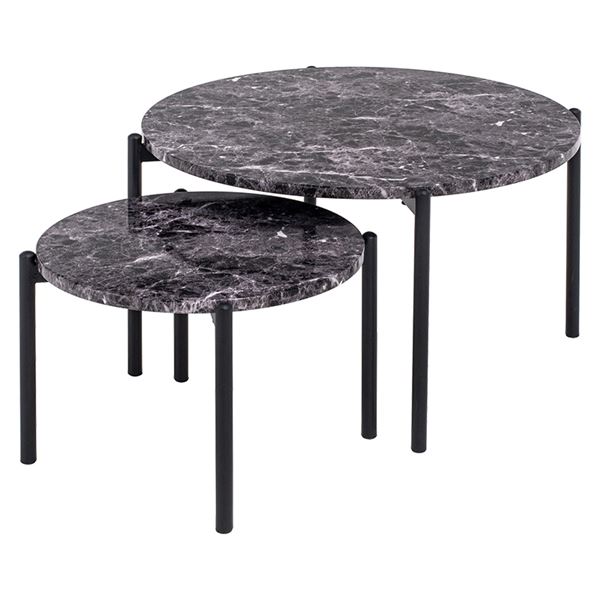 ローテーブル 机 低い ロータイプ センターテーブル 2個セット 大:約幅64cm 小:約幅44cm 円形 (丸型 ラウンド) マーブルブラック 金属 スチール フレーム 組立式 リビング ダイニング 黒 エレガントなブラックマーブルテーブルセット:大きいサイズ(幅64cm)と小さいサ