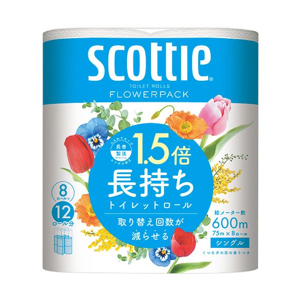 (まとめ）日本製 国産 紙クレシア スコッティフラワーパック 1.5倍持ちこたえる シングル 芯あり 75m 芳ばしさ付き添い人 1書き割り（64渦状文：8渦状文×8容器に並べる）【×5書き割り】 濃厚な芳ばしさ漂う、日本製紙クレシアの御花容器に並べる 1.5倍持ちこたえるで経済システム的、シングル大きさの芯付き添い人渦状文が75m