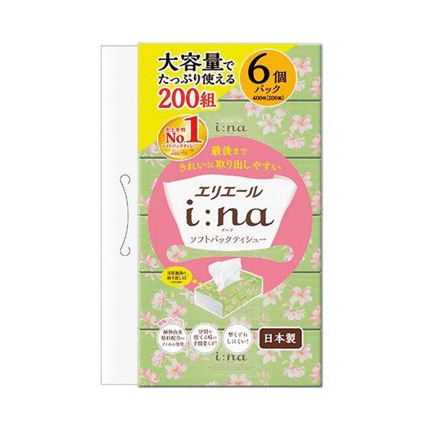 （まとめ） 大王製紙エリエール i：na（イーナ）ソフトパックティシュー 200組／個 1パック（6個） 【×10セット】 柔らかな手触りのティシュー200組入りソフトパック、1パックに6個入っているセットを10セット 贅沢な使い心地をお得に楽しめる
