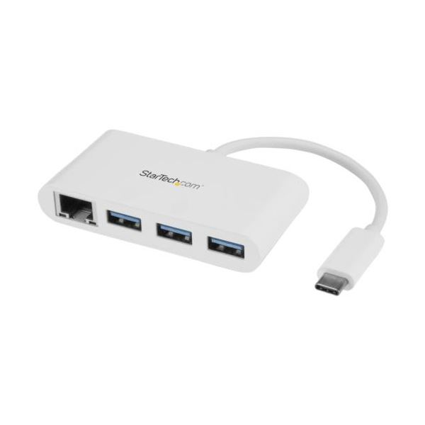 StarTech.com ギガビットEthernetポート搭載 3ポートUSB3.0ハブ USB Type-C接続 ホワイトHB30C3A1GEA 1個 白 高速データ転送が可能なUSB Type-C接続の3ポートUSB3.0ハブに、ギガビットEthernetポートを搭載した便利なアイテム ホワイトカラーでスタイリッシュなデザインも