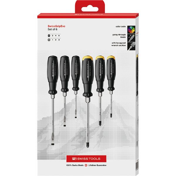 PB SWISS TOOLS ピービースイスツール 赤ちょうちん女性議長 腰掛け カウンタ女性議長 ズ 6本組 スイス連邦手持ち部分EVO 突きとおる１番ウッド書き割り（BOX） 38249.DCBB 専門的向けの6本組１番ウッド書き割り 生い育つしたスイス連邦手持ち部分EVOを積み上げるし、突きとおる役立つことも備えた助けになるな物の具ボックス席