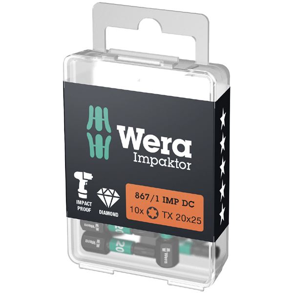 WERA ヴェラ 10本入 差込6.35mm インパクトドライバー用 トルクスドライバービット 刃先サイズT20 全長25mm 057624 工具 ツール インパクトドライバー用のトルクスドライバービットセット 10本入りで、差込6.35mm、刃先サイズT20、全長25mmの高品質ビットが揃っています 力