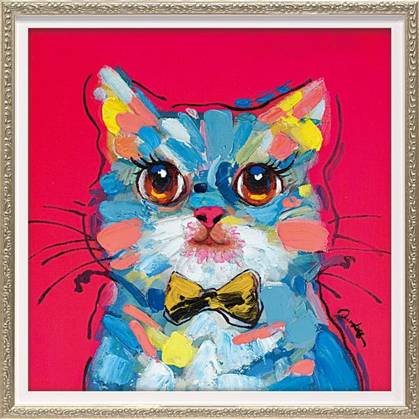 ユーパワー ハンドペイント オイルペイントアート Sサイズ 「ボウタイキャット」 手作りの芸術作品、オイルペイントアートのSサイズ 愛らしいボウタイを身につけた猫が描かれた、ユニークな作品 手描きの温かみが心を癒す、特別な一枚 贈り物やインテリアにも最適