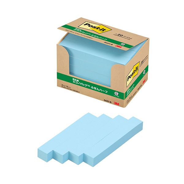 （まとめ） 3Mポスト・イット エコノパック ふせんハーフ 再生紙 75×12.5mm ブルー 5601-B 1パック（20冊） 【×5セット】 青 再生紙を使用したエコなふせんハーフ ブルーで爽やかなデザイン 20冊セットでお得なエコノパック 使いやすいサイズで便利な3Mポスト・イット 青