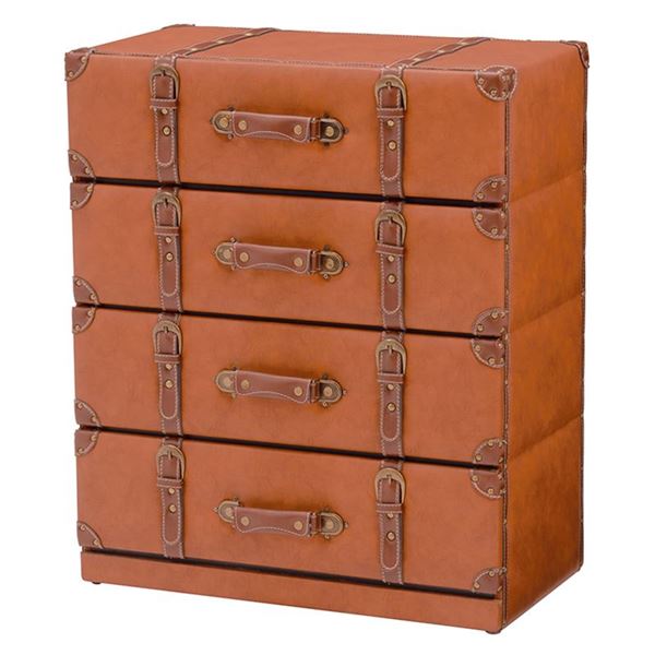 チェスト キャビネット タンス 4段 幅60cm ライトブラウン 合皮 フェイクレザー 合成皮革 トランク型チェスト リビングチェスト リビング整理 収納 インテリア家具 茶 収納力抜群の合皮トランク型チェスト 広々4段収納でスタイリッシュにリビングを整える 幅60cmのコンパク
